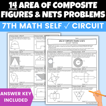 Area of Composite Figures and Nets of 3D Shapes Worksheet Self Checking Activity