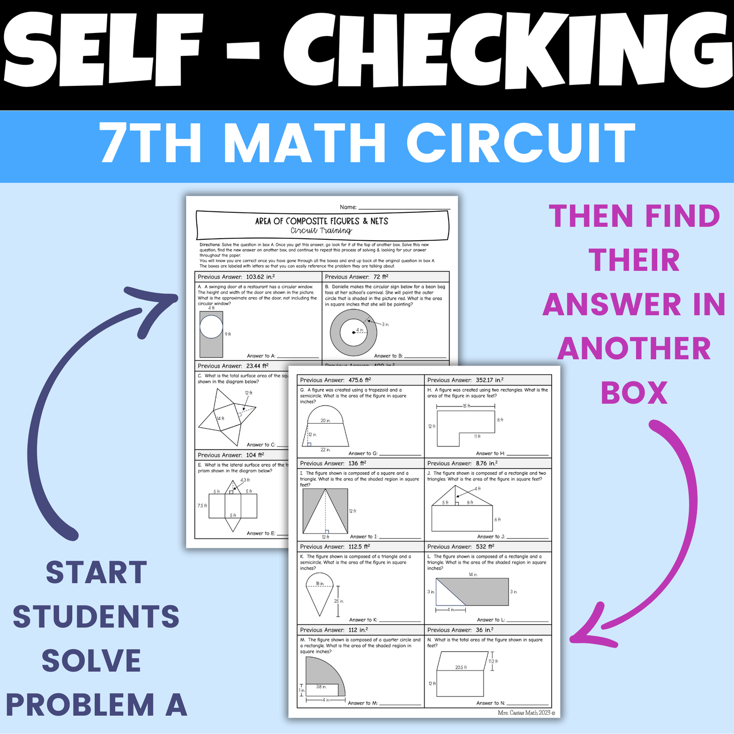 Area of Composite Figures and Nets of 3D Shapes Worksheet Self Checking Activity