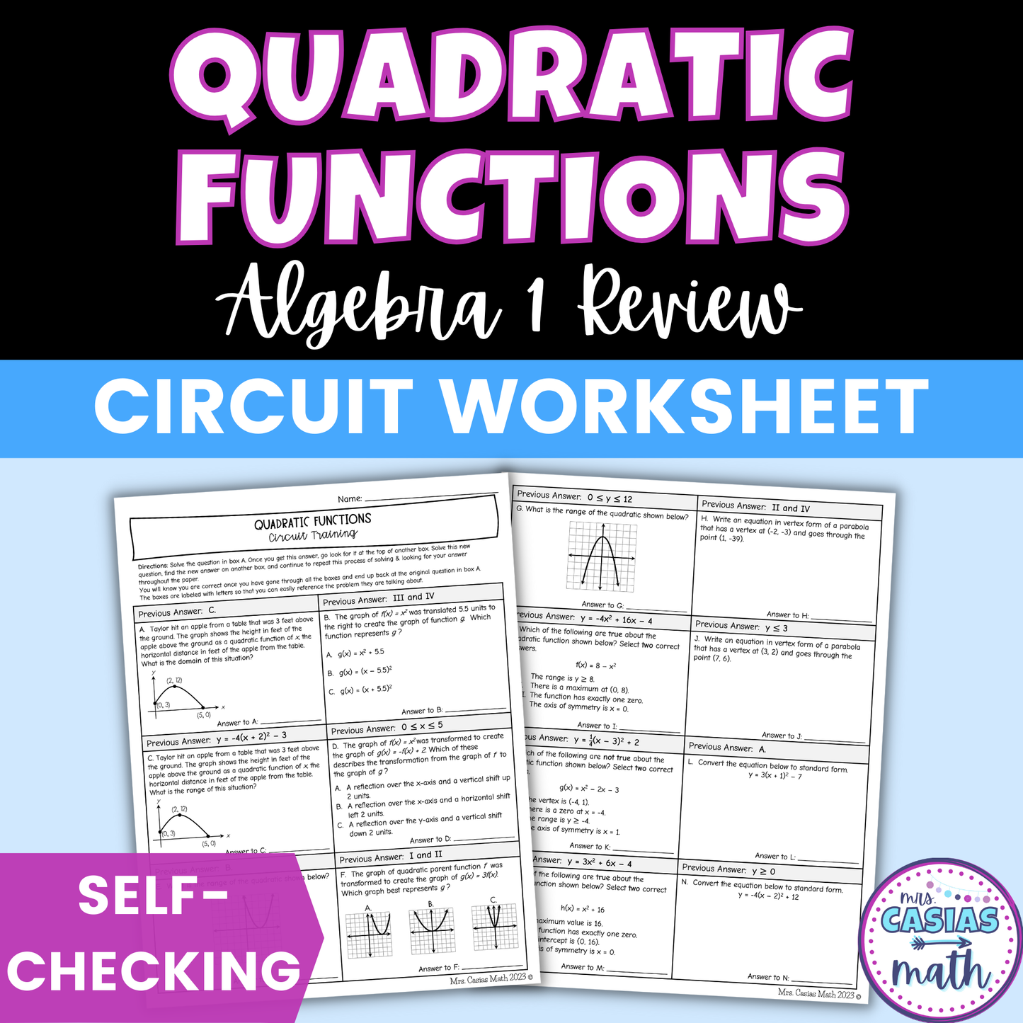 Quadratic Functions Review Worksheet Self Checking Circuit Activity