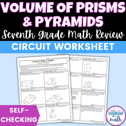 Volume of Prisms & Pyramids Worksheet Self Checking Circuit Activity 7th Math