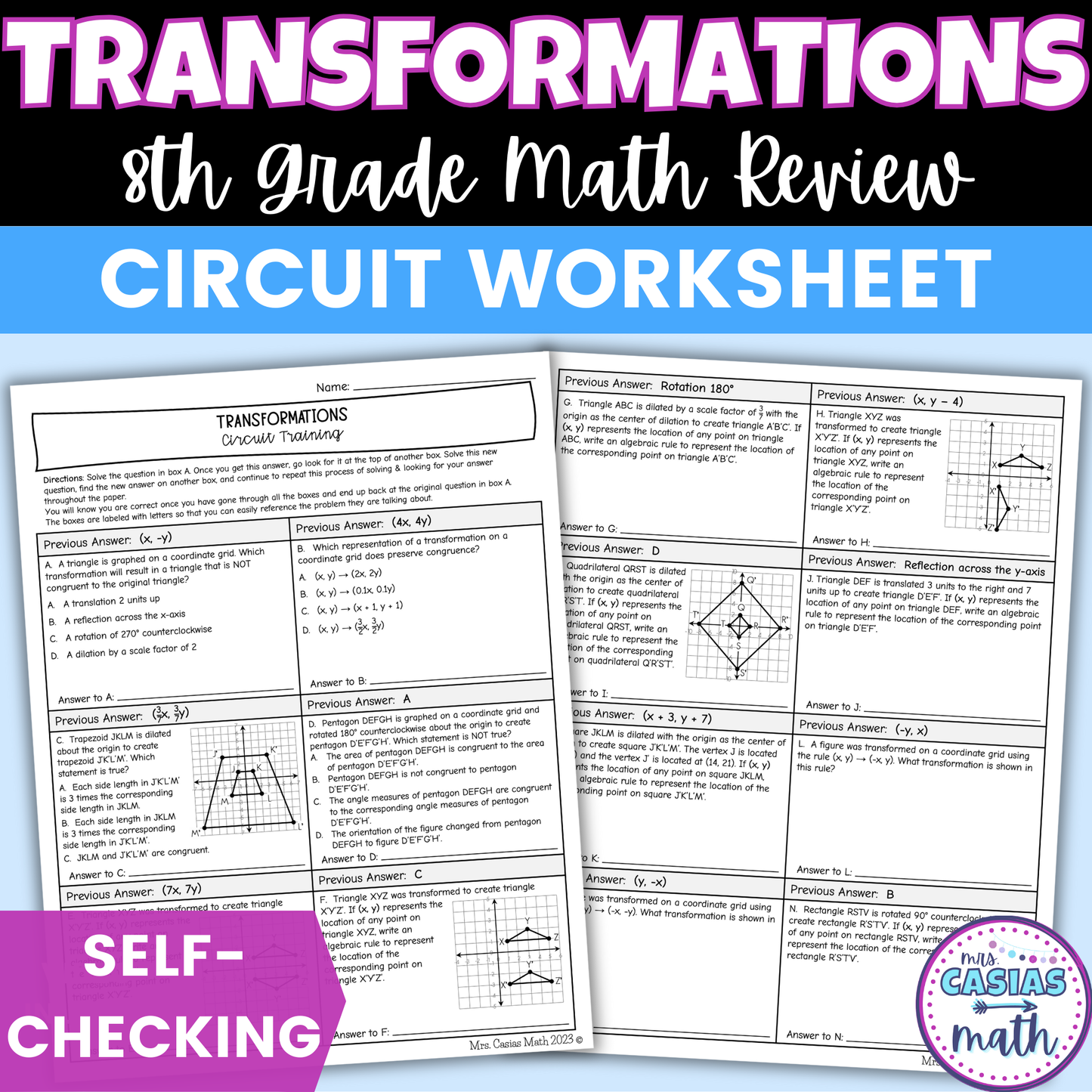 Transformations Worksheet Self Checking Circuit Activity 8th Grade Math