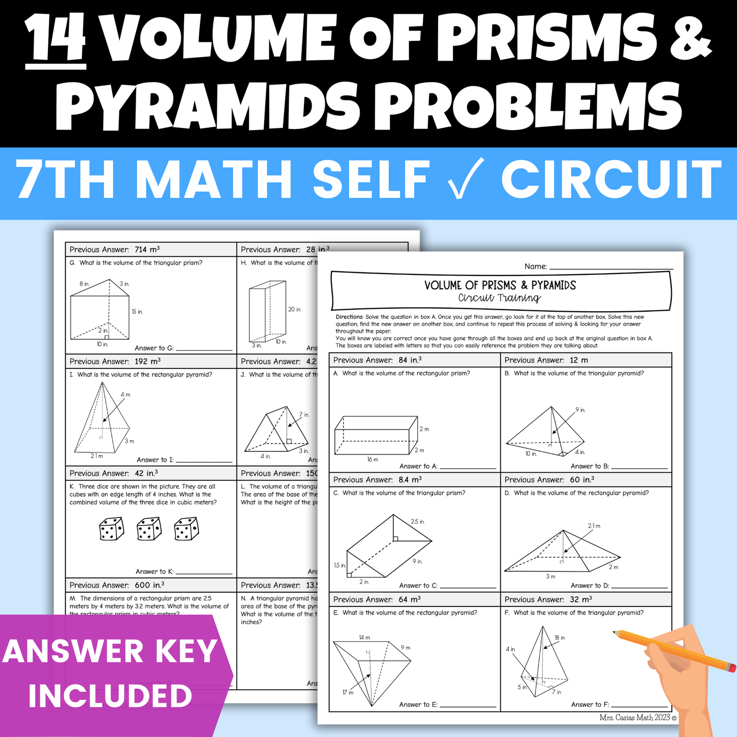 Volume of Prisms & Pyramids Worksheet Self Checking Circuit Activity 7th Math