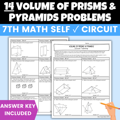 Volume of Prisms & Pyramids Worksheet Self Checking Circuit Activity 7th Math