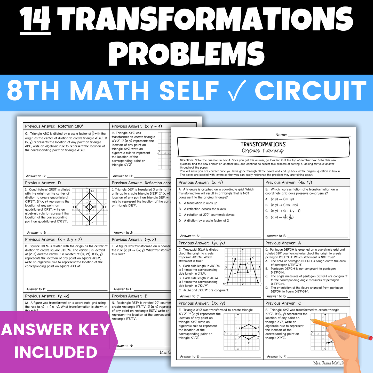 Transformations Worksheet Self Checking Circuit Activity 8th Grade Math