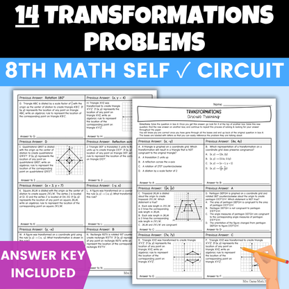 Transformations Worksheet Self Checking Circuit Activity 8th Grade Math