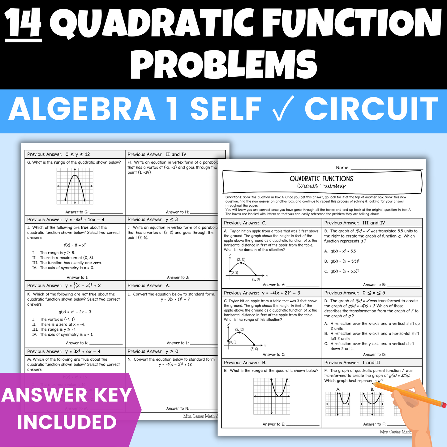 Quadratic Functions Review Worksheet Self Checking Circuit Activity