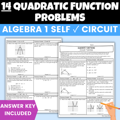 Quadratic Functions Review Worksheet Self Checking Circuit Activity