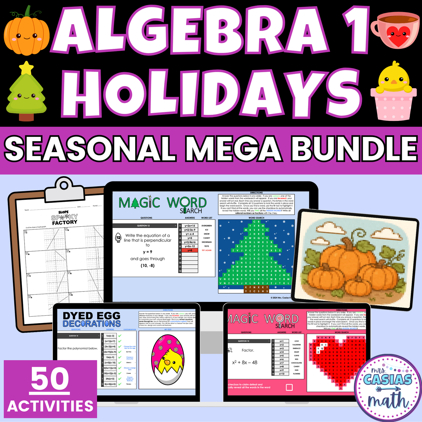 Algebra 1 Seasonal Holidays Math Activities Mega Bundle Digital and Worksheets
