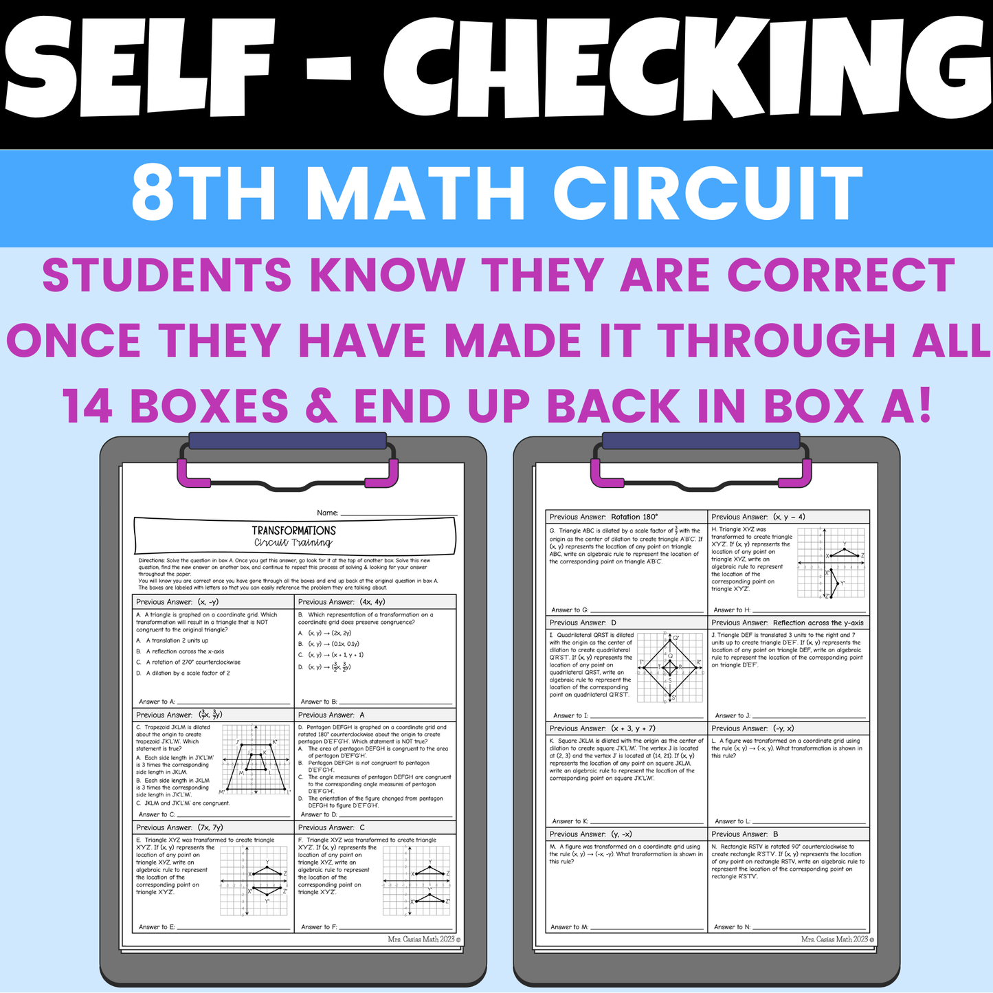 Transformations Worksheet Self Checking Circuit Activity 8th Grade Math