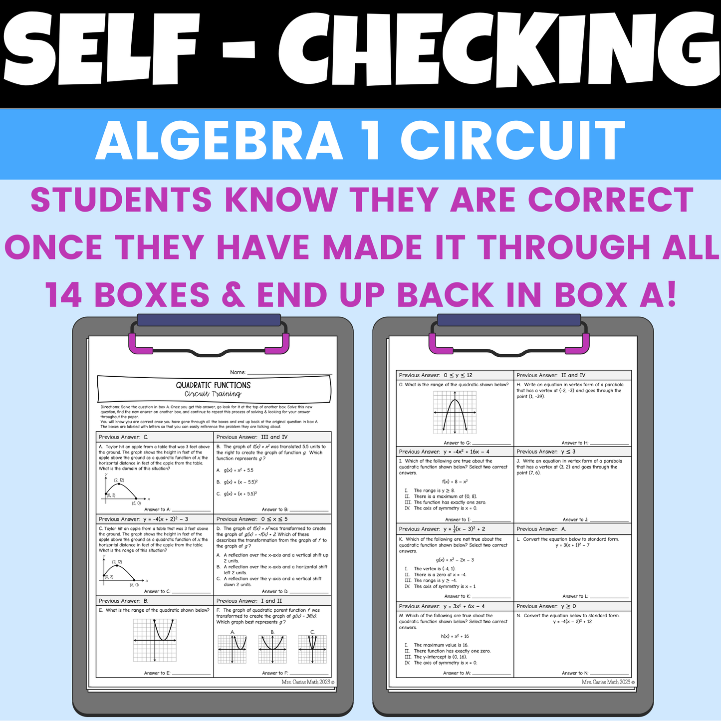Quadratic Functions Review Worksheet Self Checking Circuit Activity