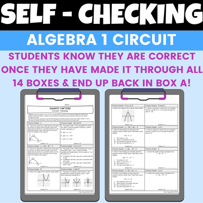 Quadratic Functions Review Worksheet Self Checking Circuit Activity