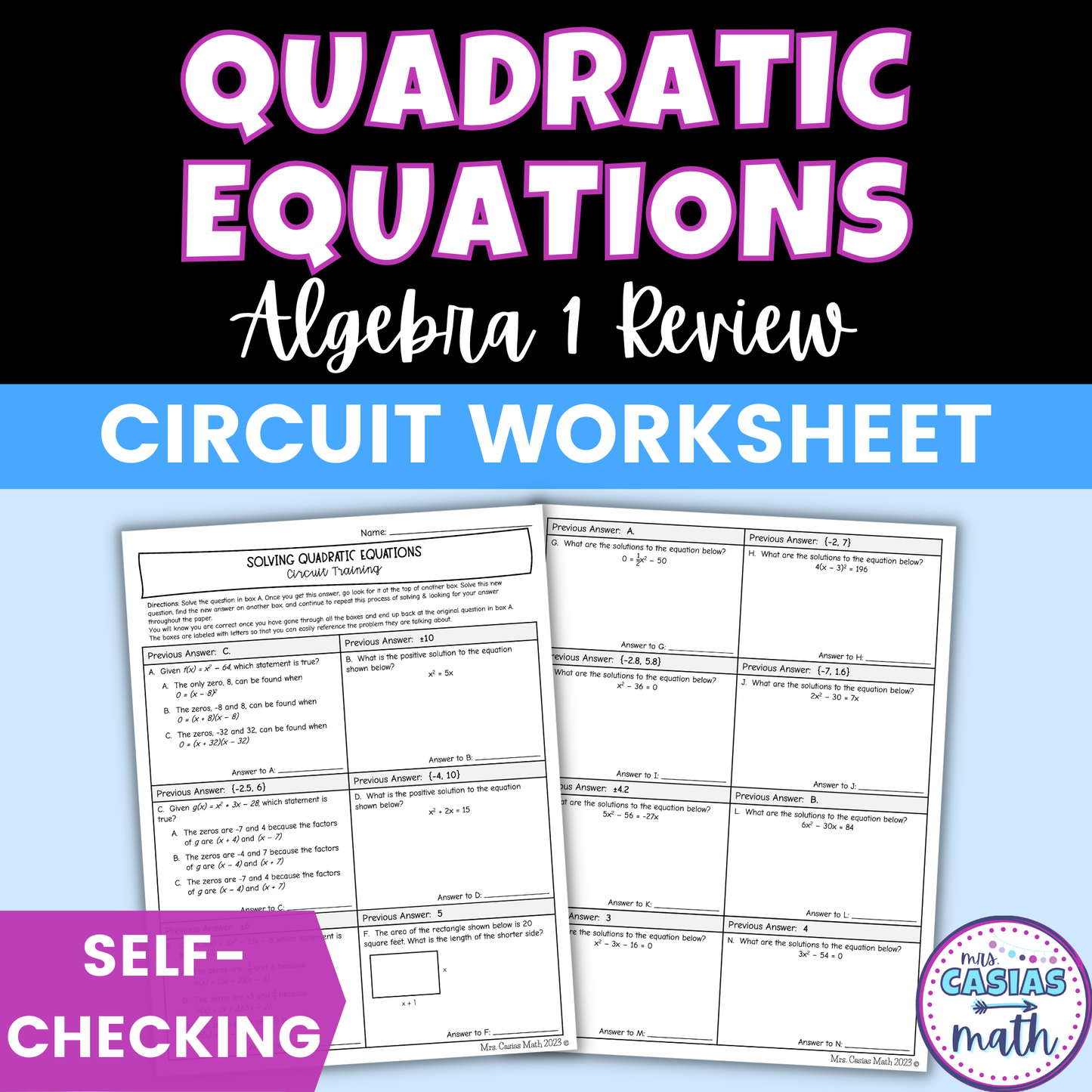 Solving Quadratic Equations Review Worksheet Self Checking Circuit Activity