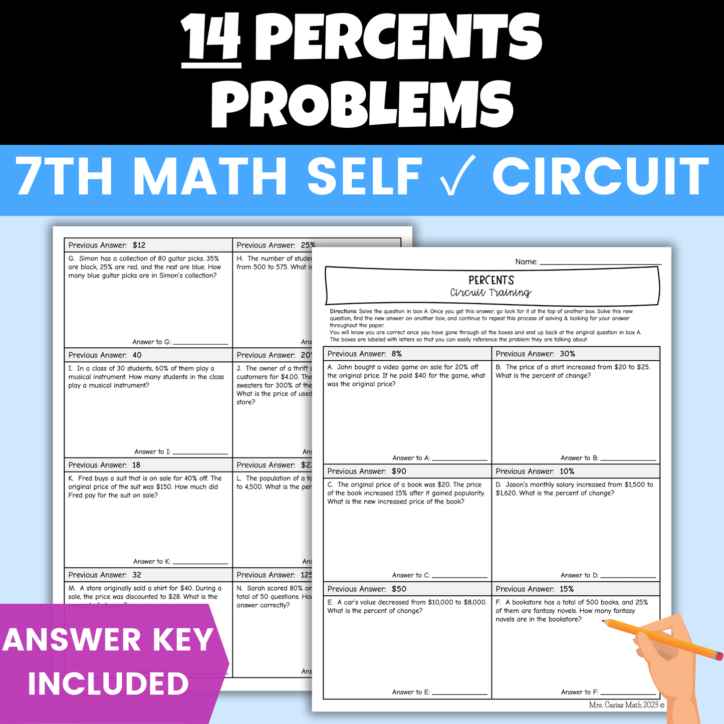Percent Proportion and Percent of Change Worksheet Self Checking Activity