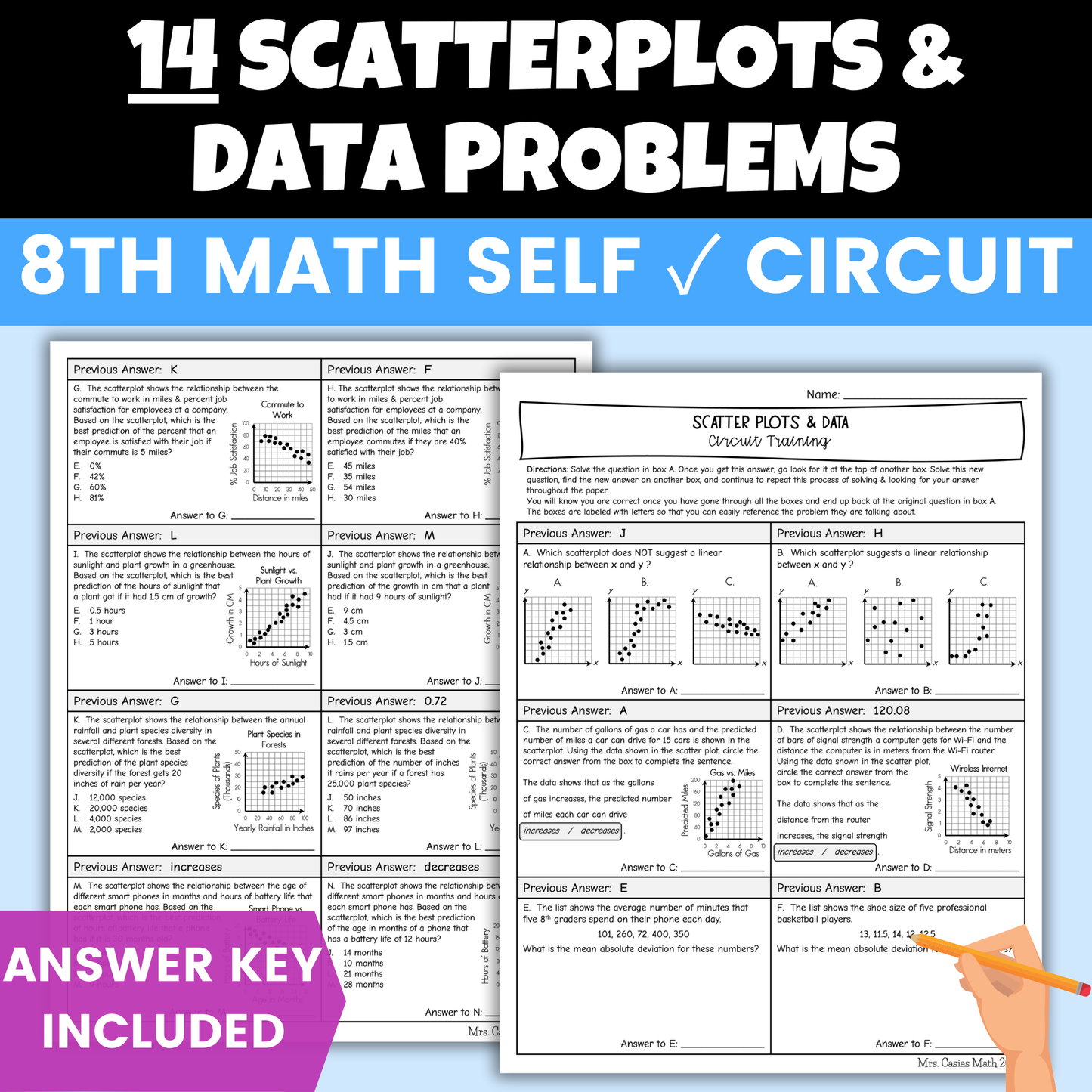 Scatterplots and Data Worksheet Self Checking Circuit Activity 8th Grade Math