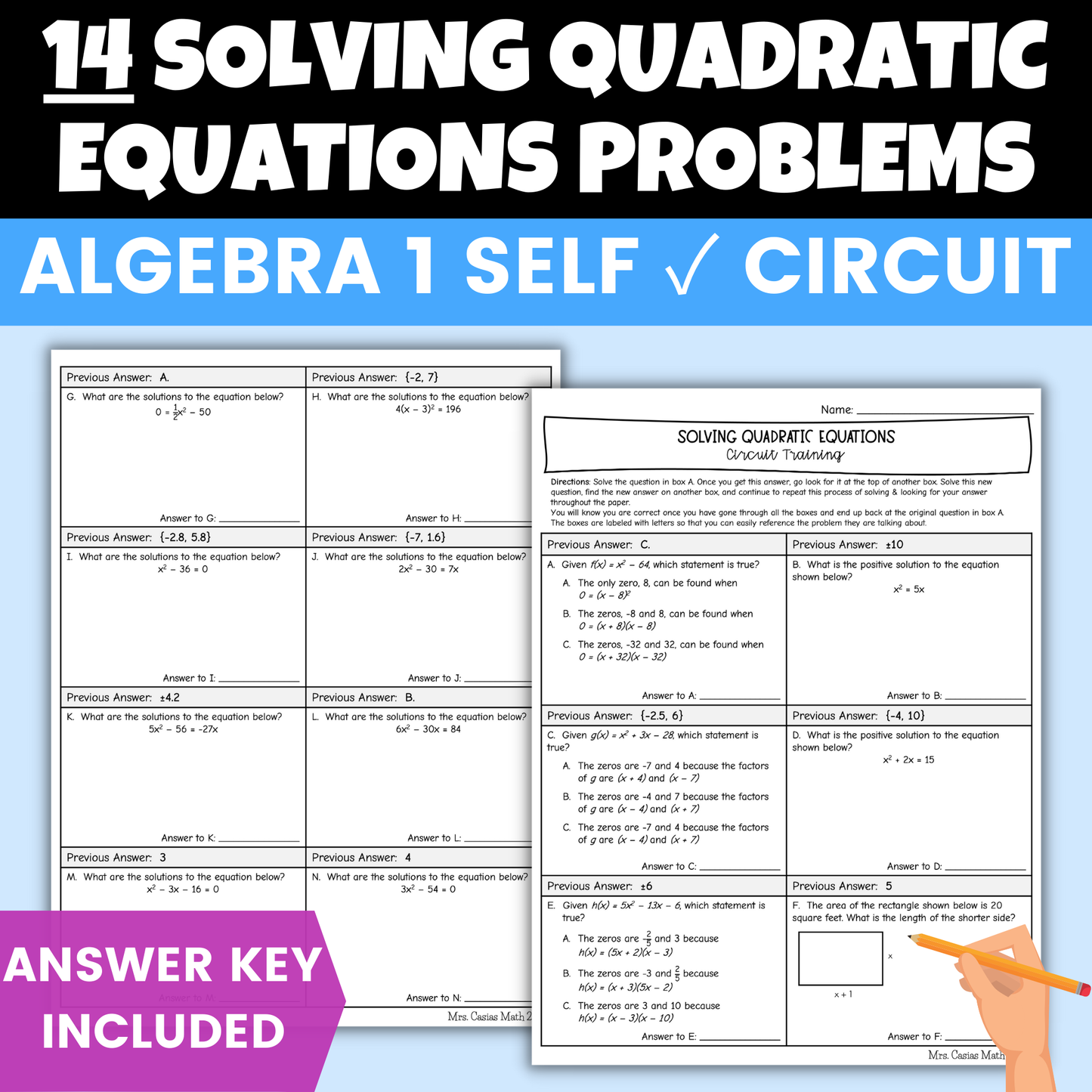 Solving Quadratic Equations Review Worksheet Self Checking Circuit Activity