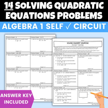 Solving Quadratic Equations Review Worksheet Self Checking Circuit Activity