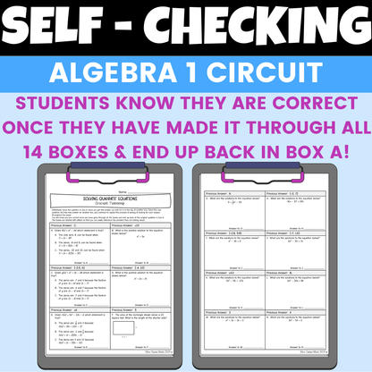 Solving Quadratic Equations Review Worksheet Self Checking Circuit Activity