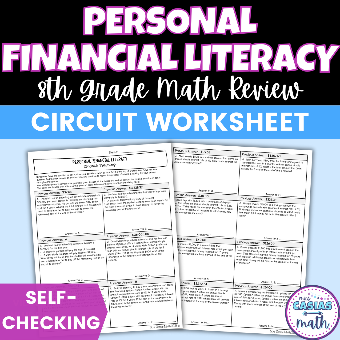 Personal Financial Literacy Worksheet Self Checking Circuit Activity 8th Math