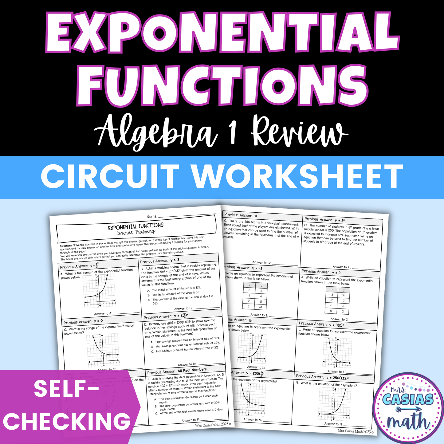 Exponential Functions Review Worksheet Self Checking Circuit Activity