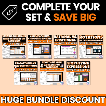 Halloween Math Activity Google Sheets and Worksheets BUNDLE 8th Math