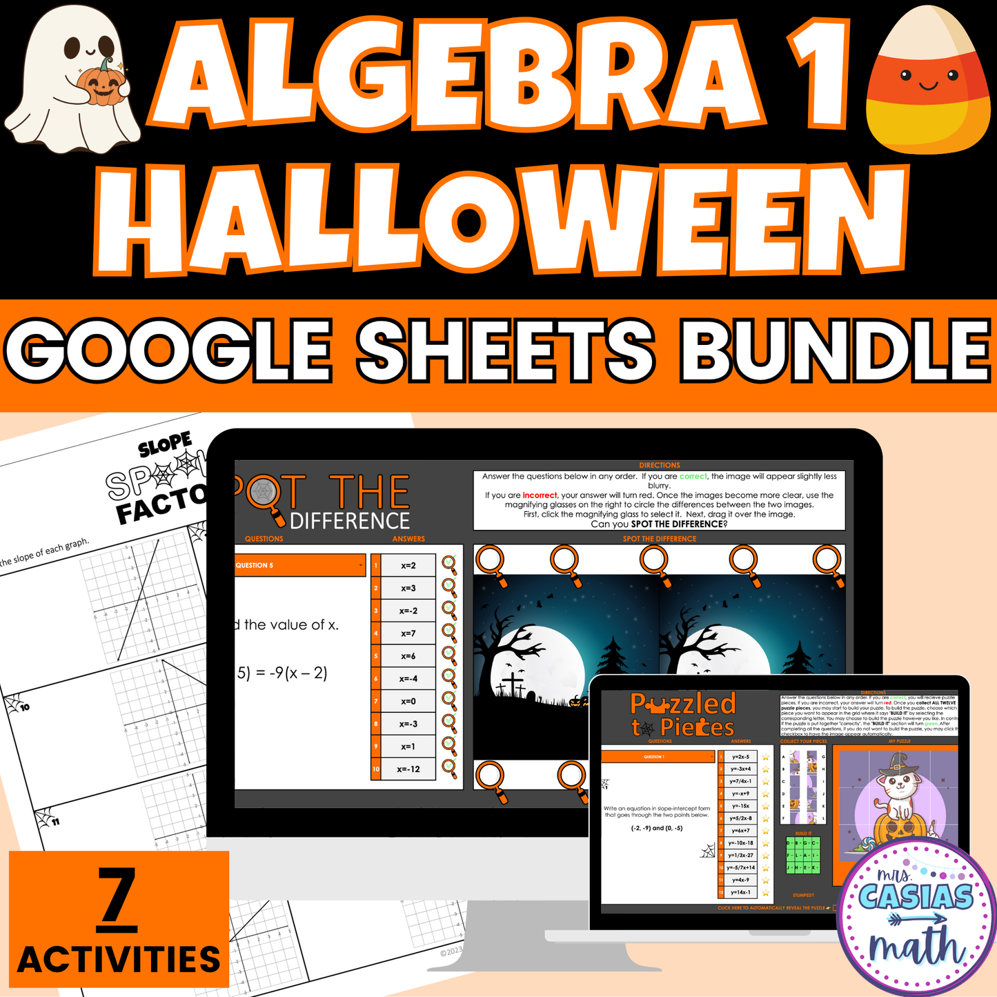 Halloween Math Activity Google Sheets and Worksheets BUNDLE Algebra 1
