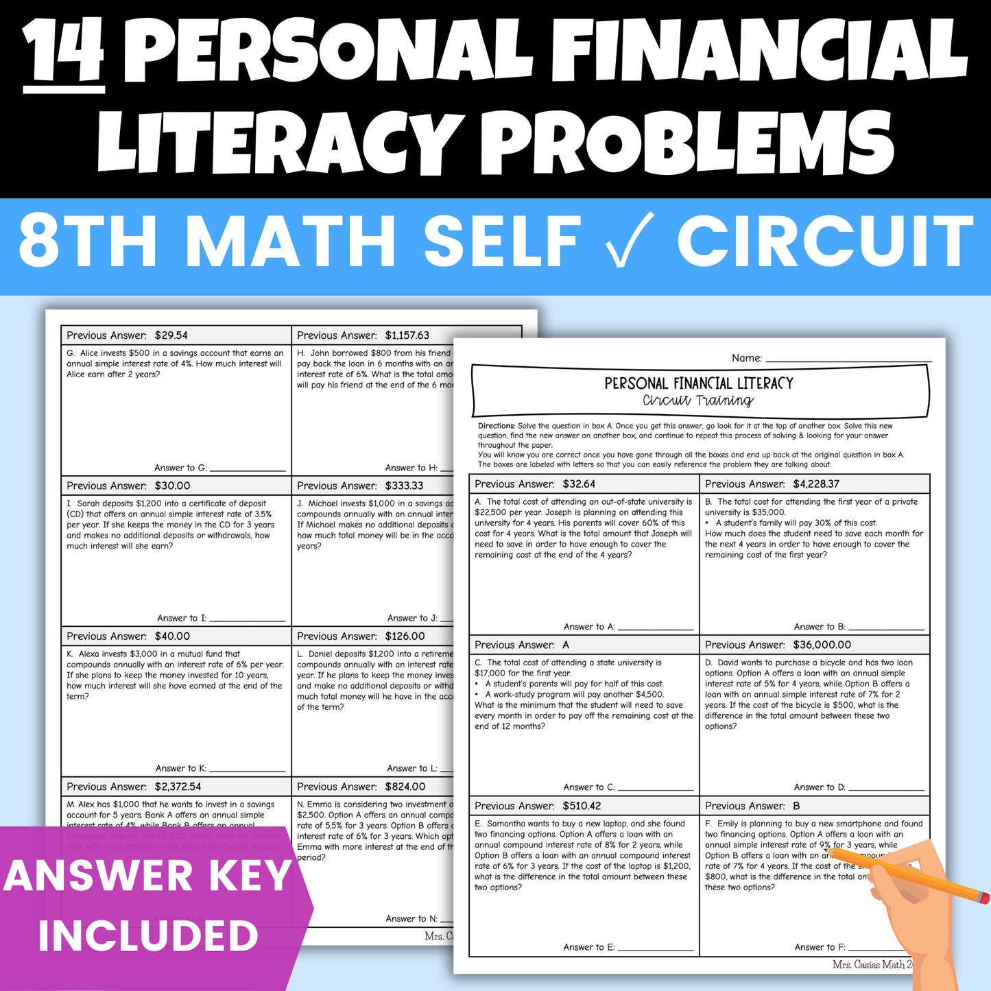 Personal Financial Literacy Worksheet Self Checking Circuit Activity 8th Math