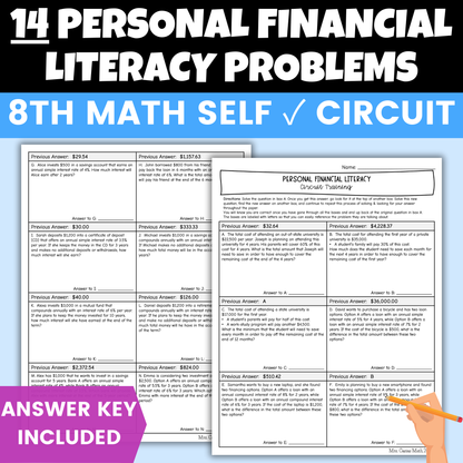 Personal Financial Literacy Worksheet Self Checking Circuit Activity 8th Math