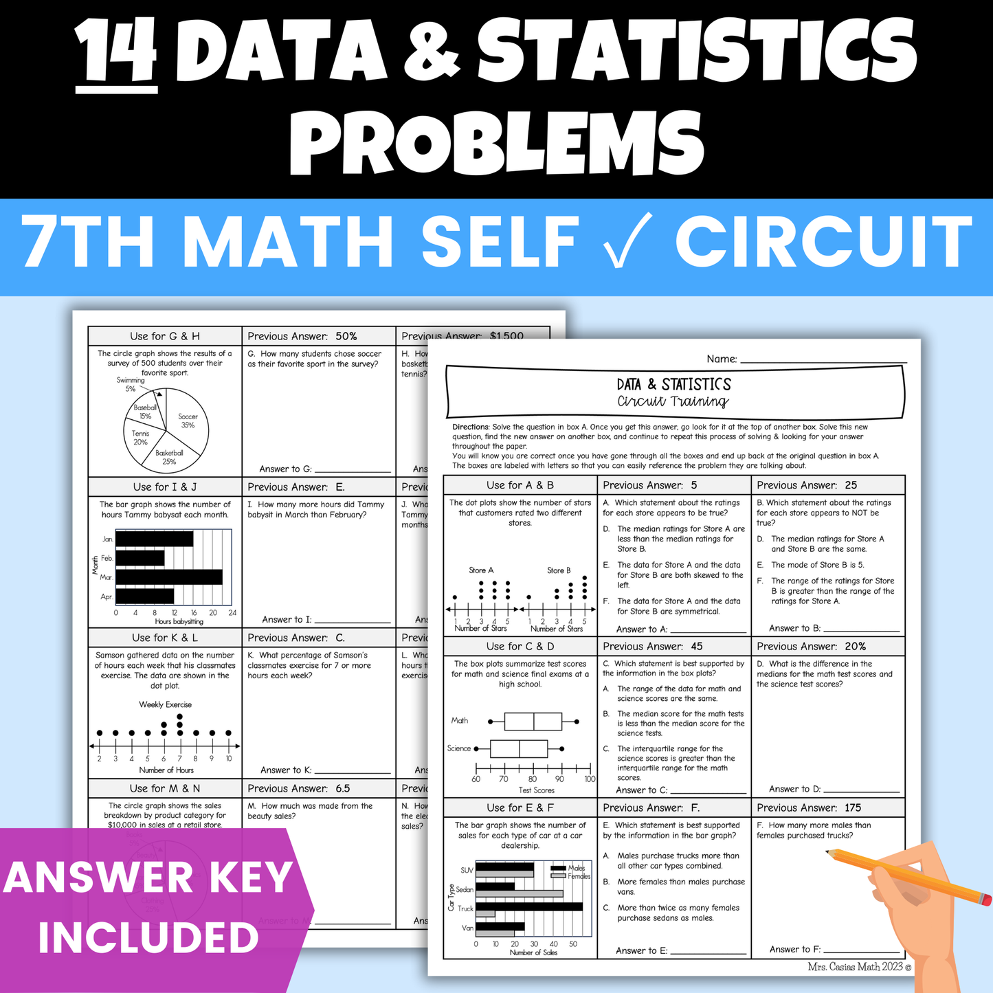 Data and Statistics Self Checking Circuit Activity 7th Grade Math