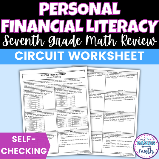 Personal Financial Literacy Self Checking Circuit Activity 7th Grade Math