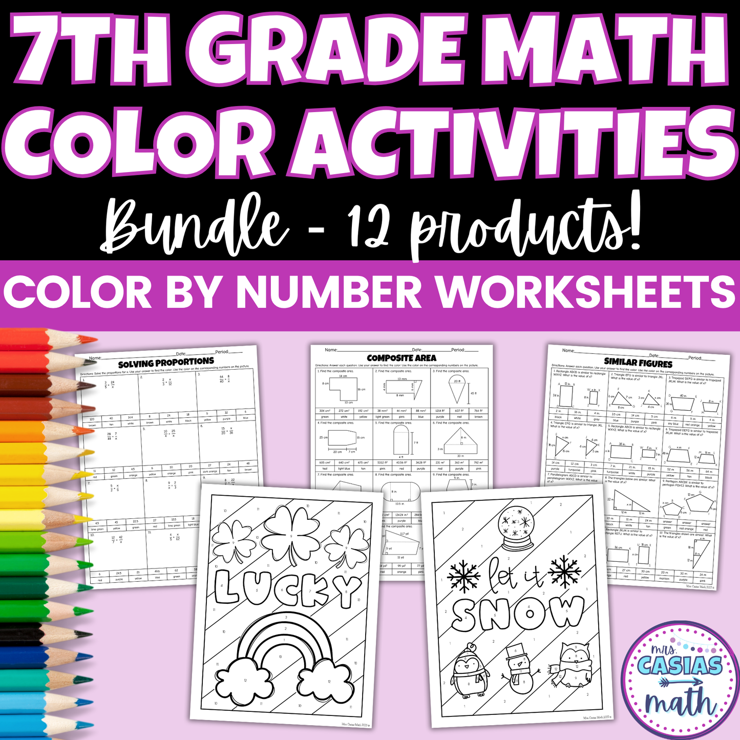 7th Grade Math Seasonal Coloring Activity Worksheets Bundle