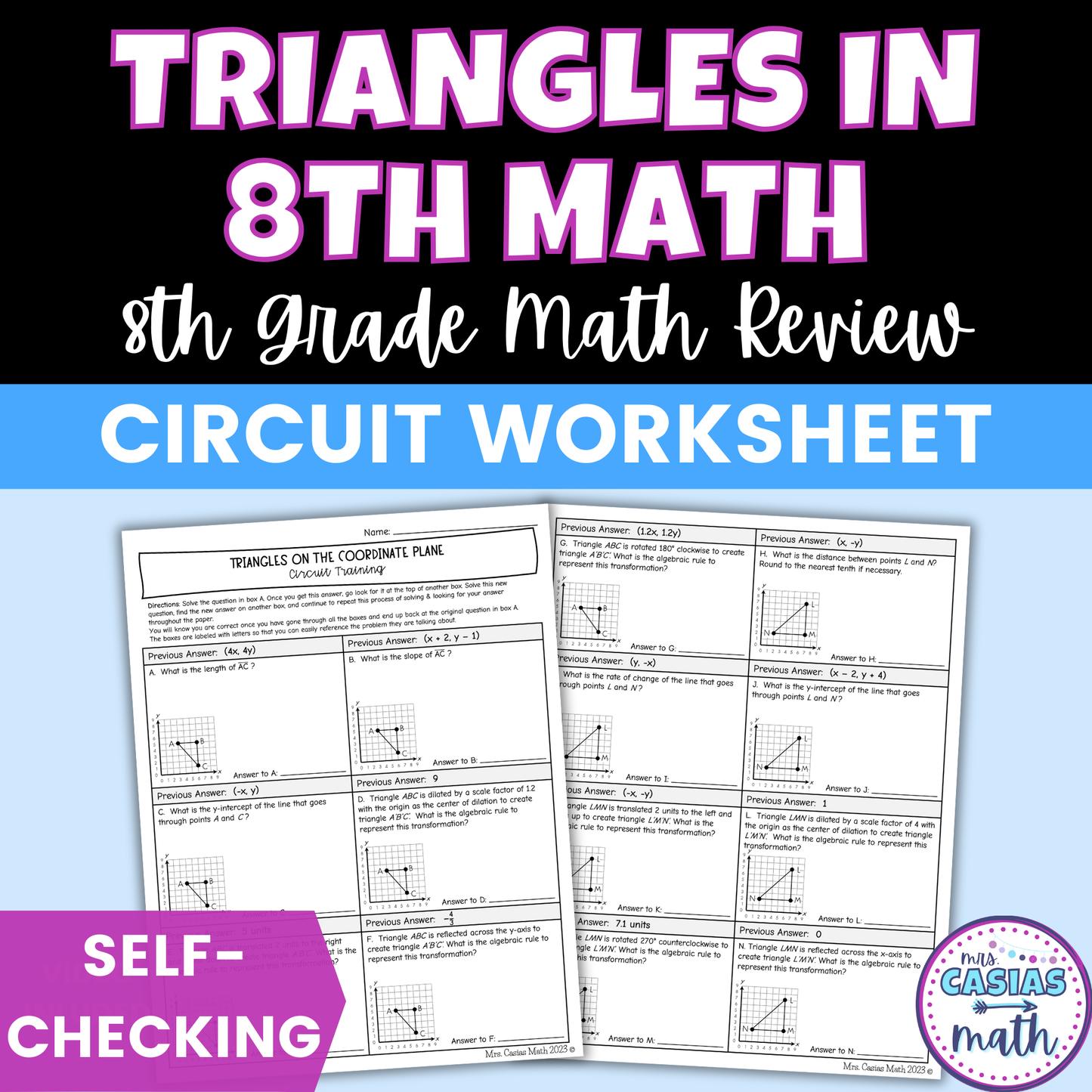 Triangles in 8th Grade Math Worksheet Self Checking Circuit Activity