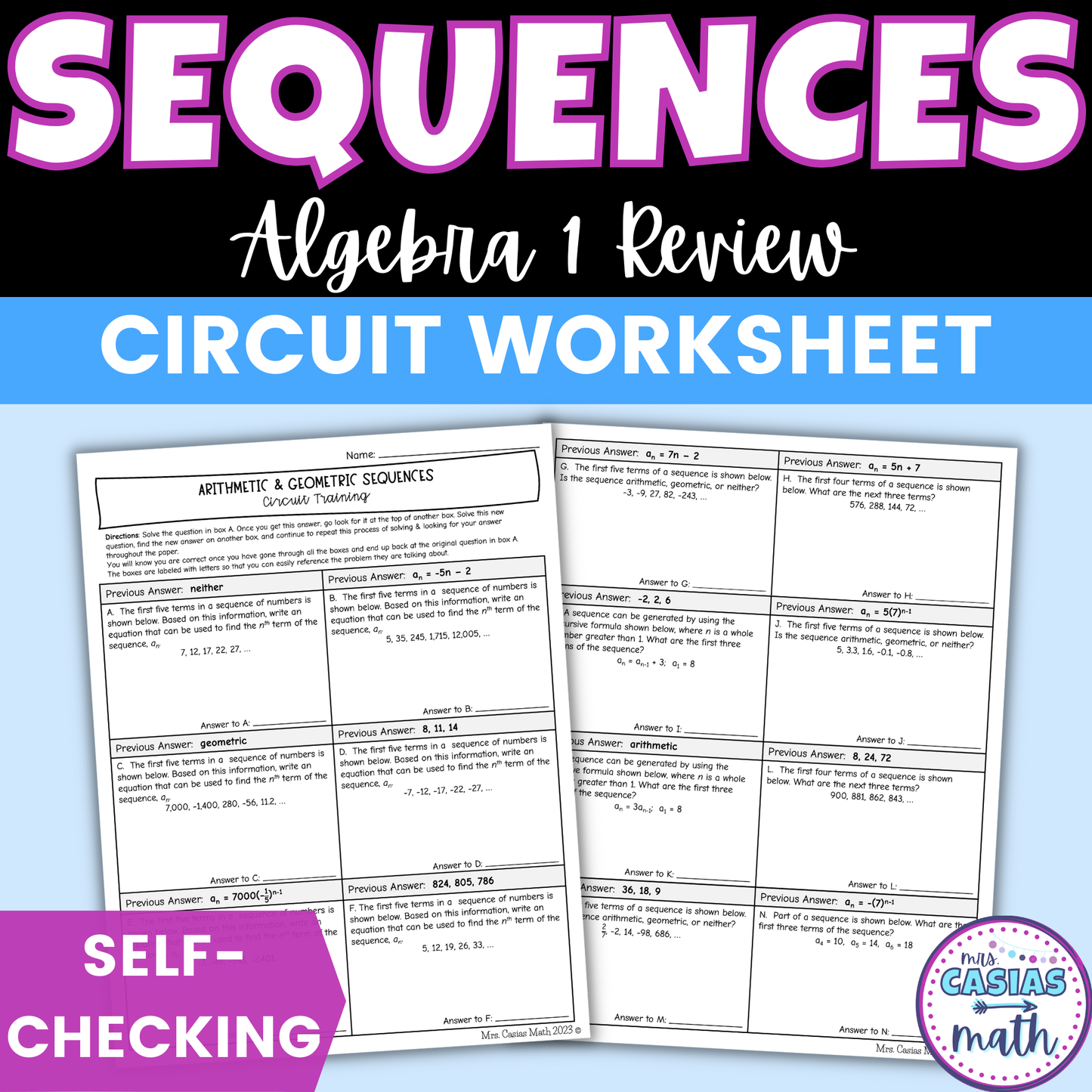 Arithmetic and Geometric Sequences Worksheet Self Checking Circuit Activity