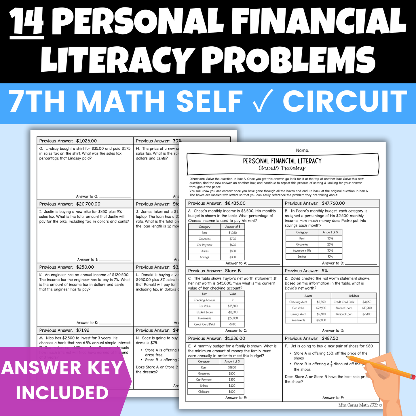 Personal Financial Literacy Self Checking Circuit Activity 7th Grade Math