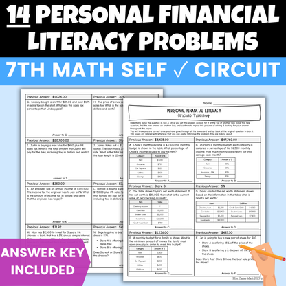 Personal Financial Literacy Self Checking Circuit Activity 7th Grade Math