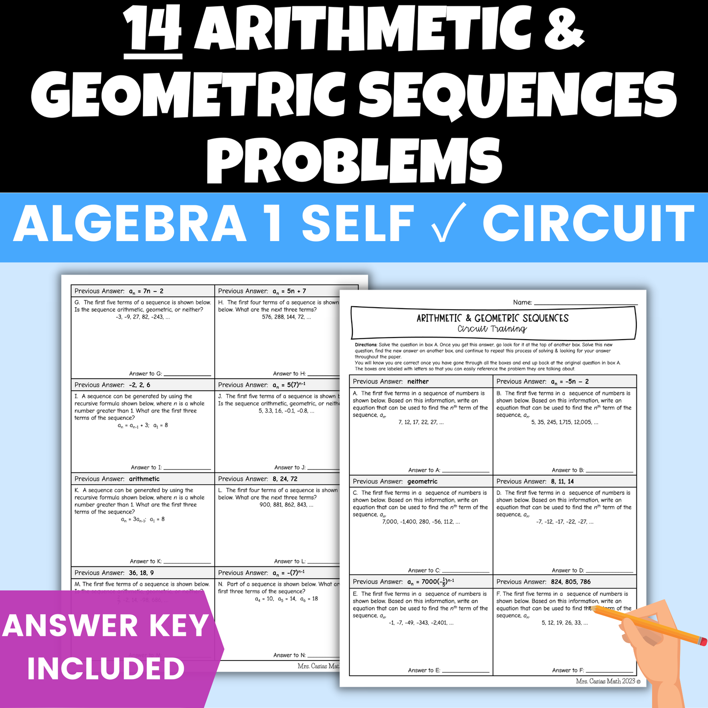 Arithmetic and Geometric Sequences Worksheet Self Checking Circuit Activity