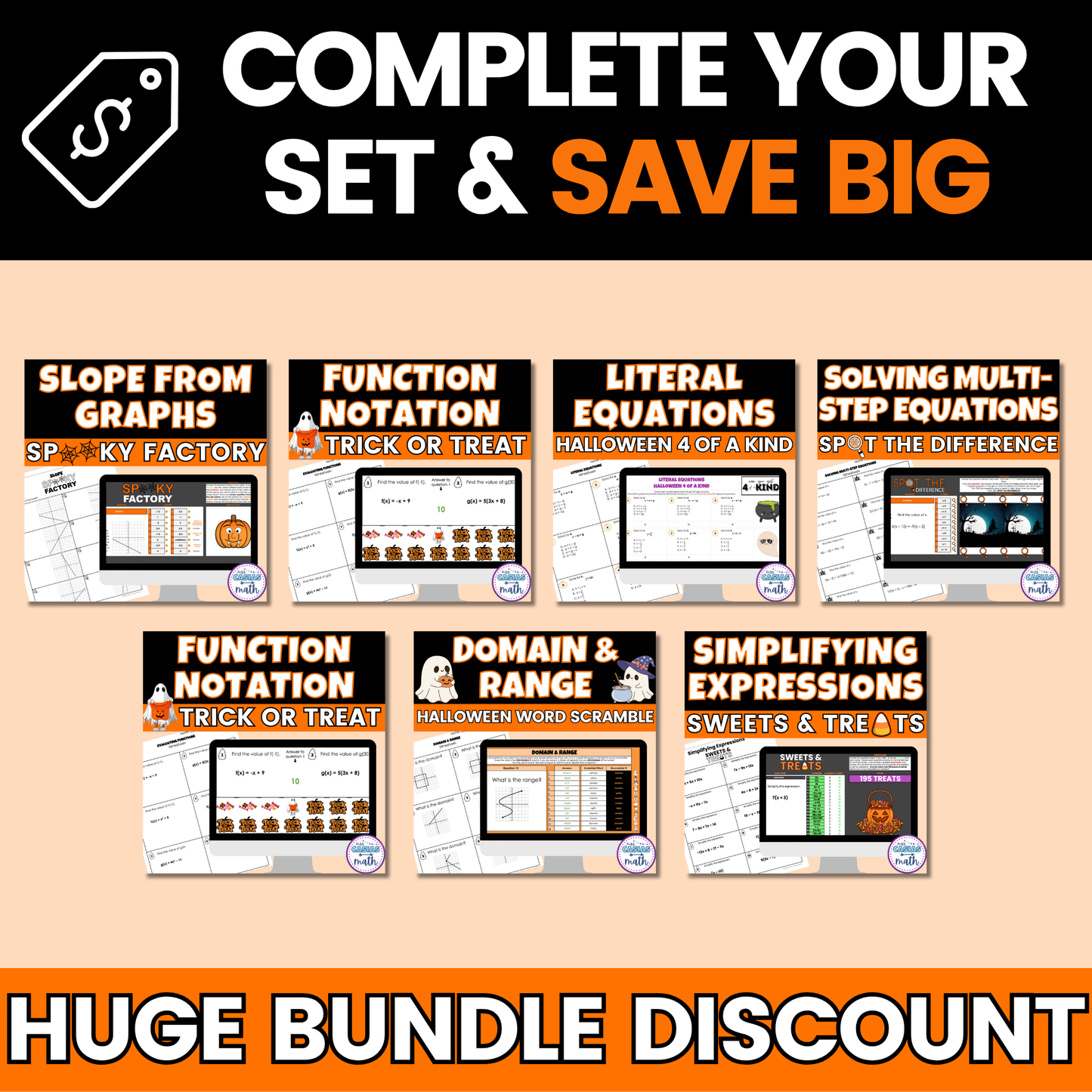 Halloween Math Activity Google Sheets and Worksheets BUNDLE Algebra 1