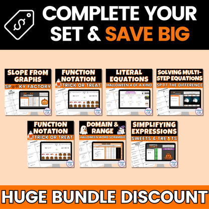 Halloween Math Activity Google Sheets and Worksheets BUNDLE Algebra 1
