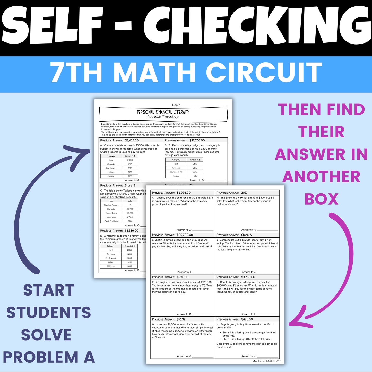 Personal Financial Literacy Self Checking Circuit Activity 7th Grade Math