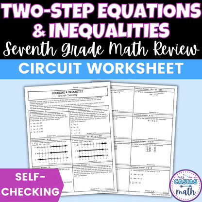Two Step Equations & Inequalities Worksheet Self Checking Activity 7th Math