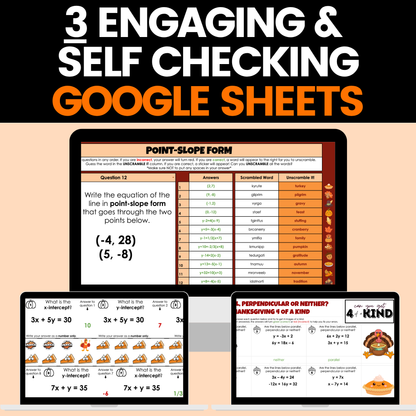 Thanksgiving Math Activities Algebra 1 Google Sheets and Worksheets BUNDLE