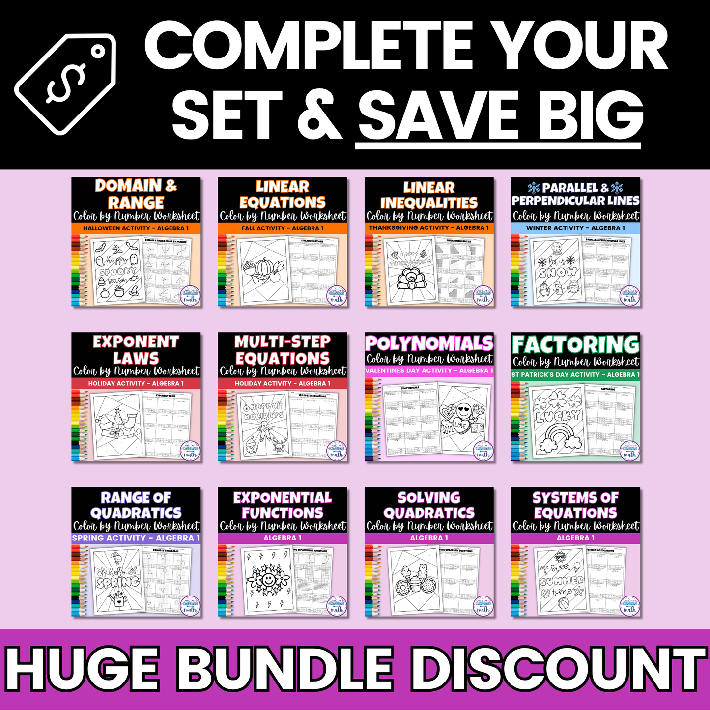 Algebra 1 Seasonal Coloring Activity Worksheets Bundle
