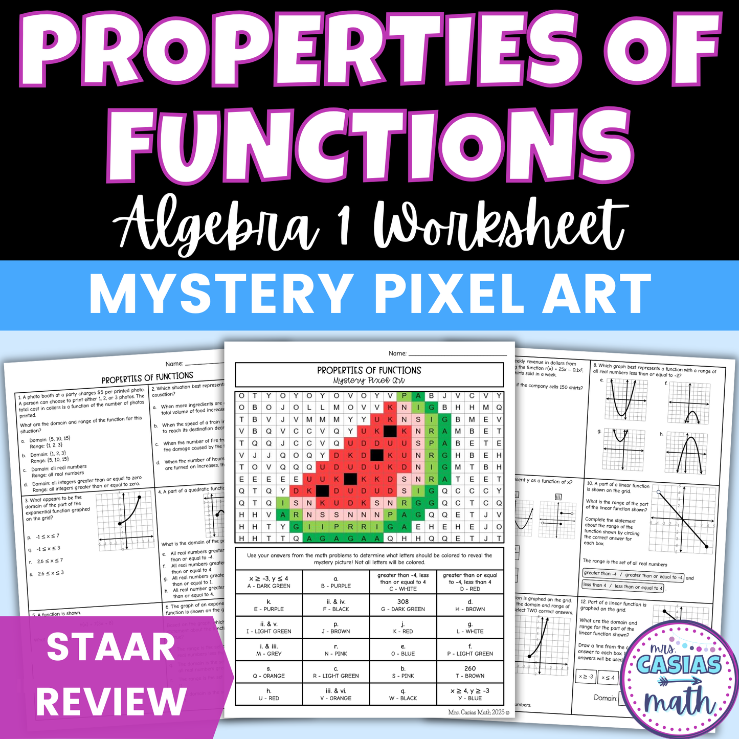 Domain and Range and Functions Worksheet Algebra 1 EOC Review Activity
