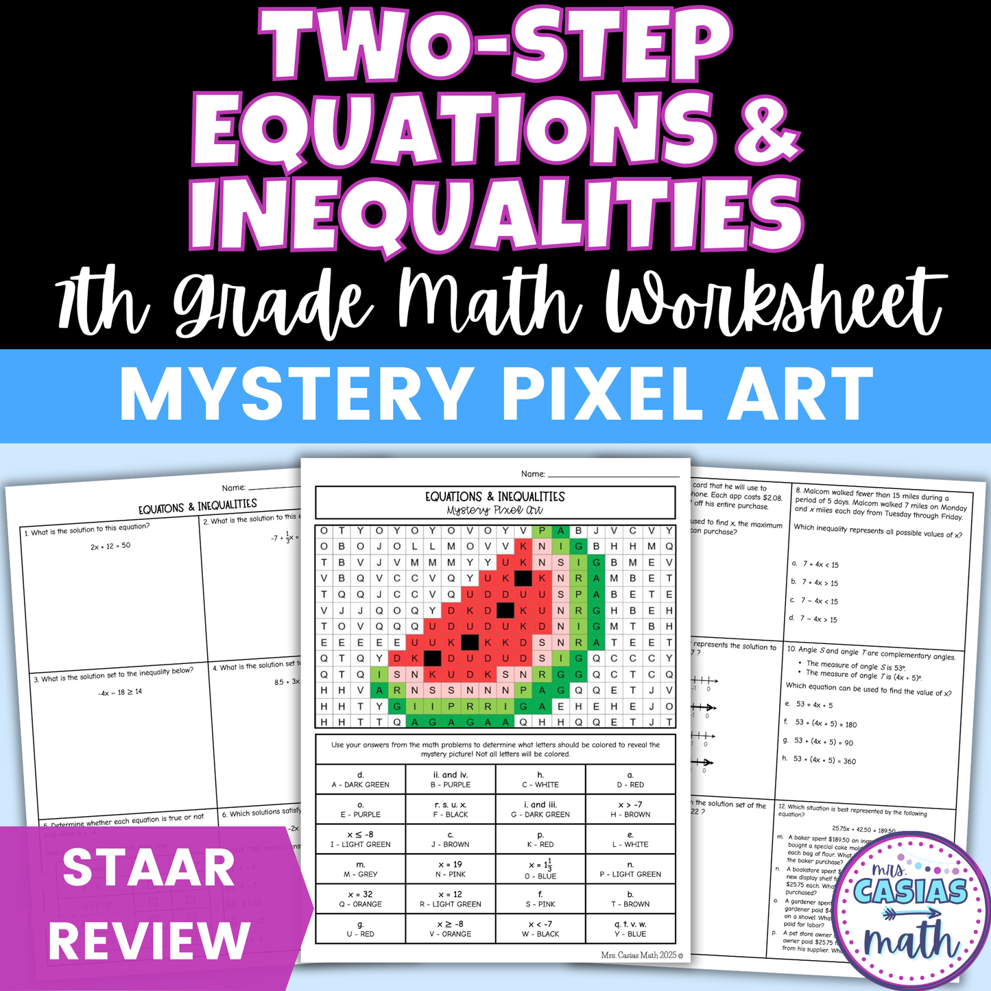 Two Step Equations & Inequalities Worksheet 7th Grade Math STAAR Review Activity