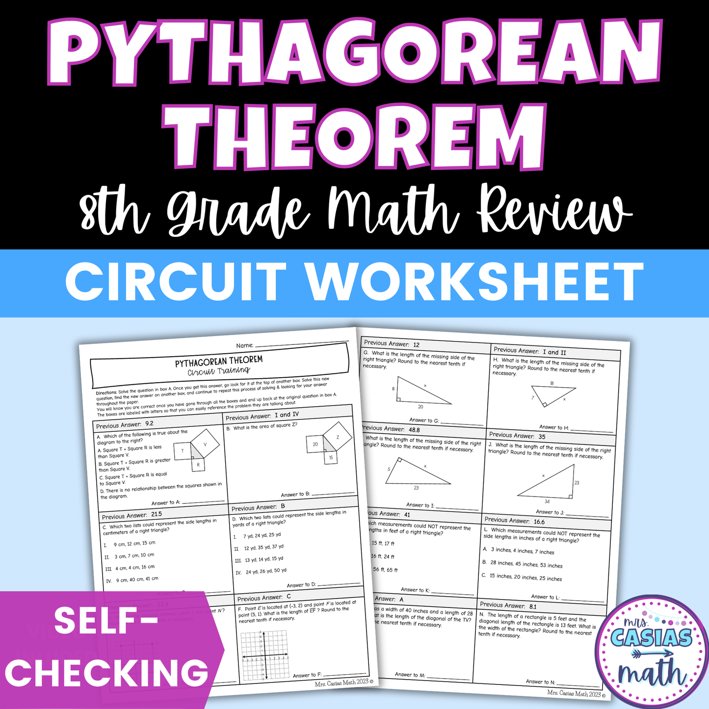 Pythagorean Theorem Worksheet Self Checking Circuit Activity 8th Grade Math