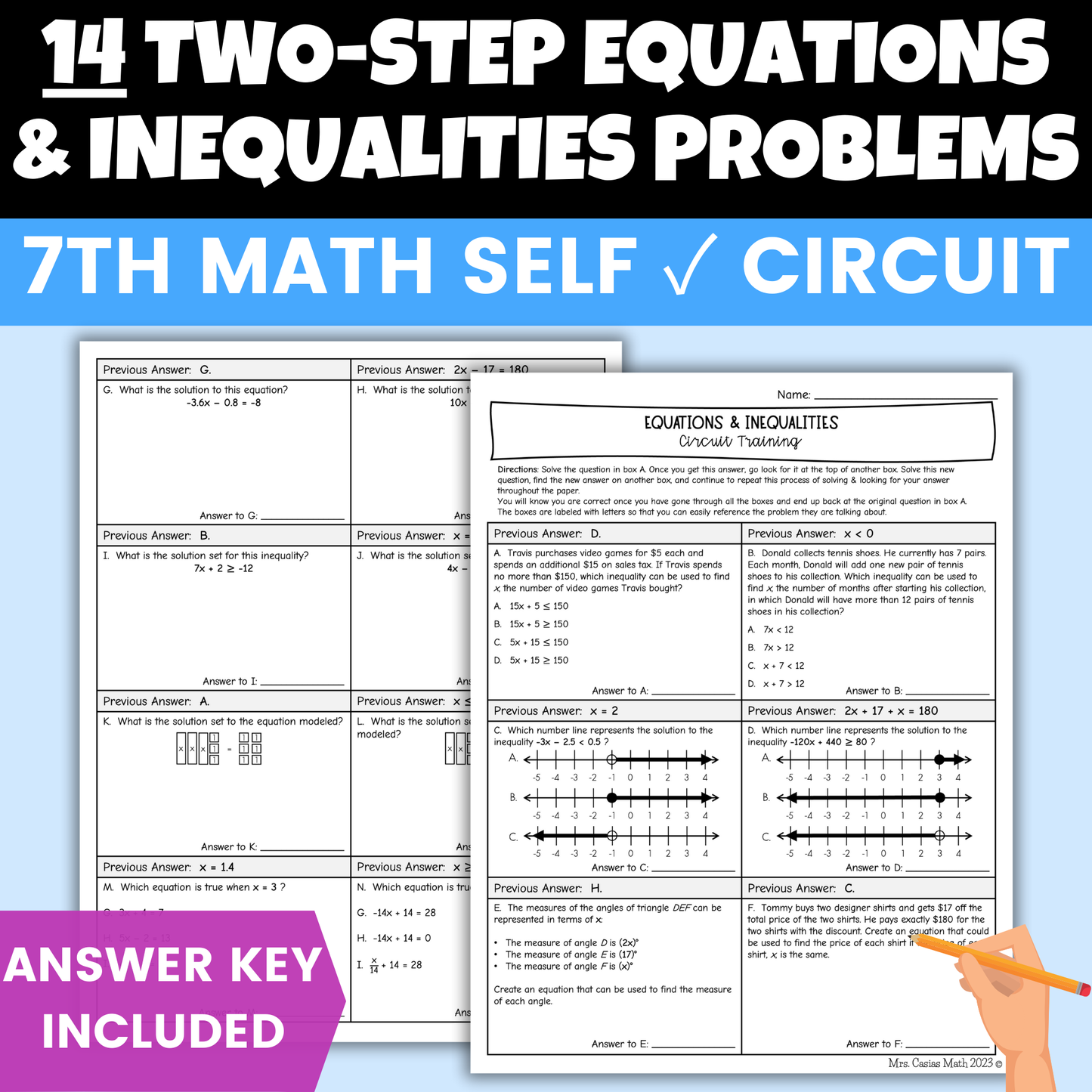Two Step Equations & Inequalities Worksheet Self Checking Activity 7th Math