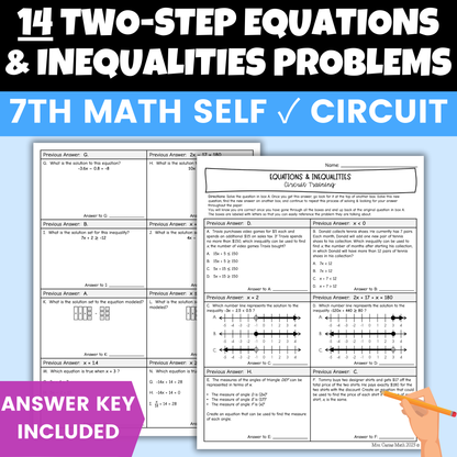 Two Step Equations & Inequalities Worksheet Self Checking Activity 7th Math