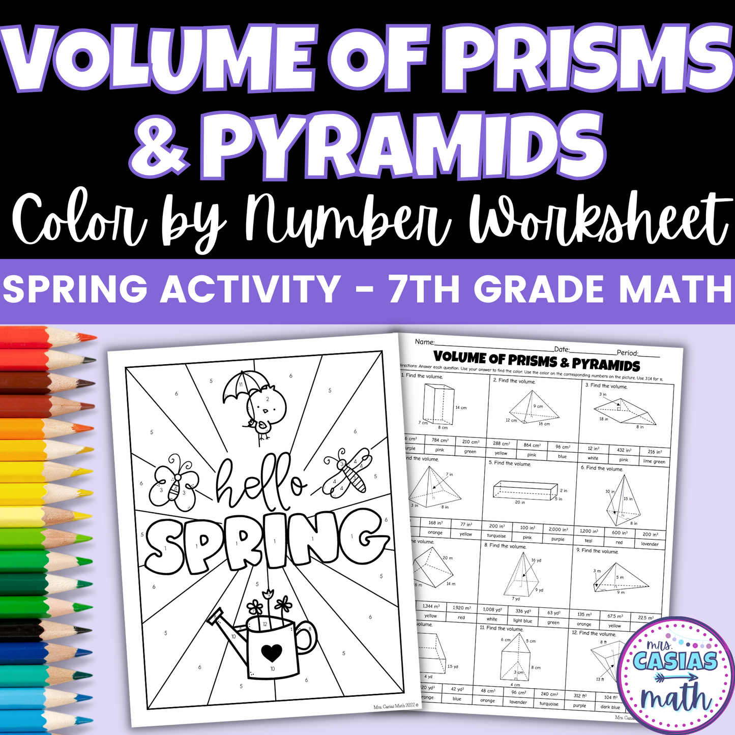 Spring Math Activity Volume of Prisms and Pyramids Coloring Worksheet