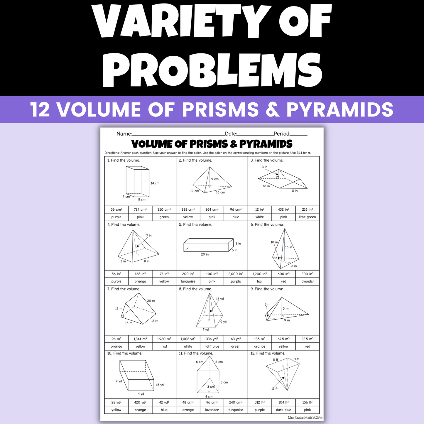 Spring Math Activity Volume of Prisms and Pyramids Coloring Worksheet