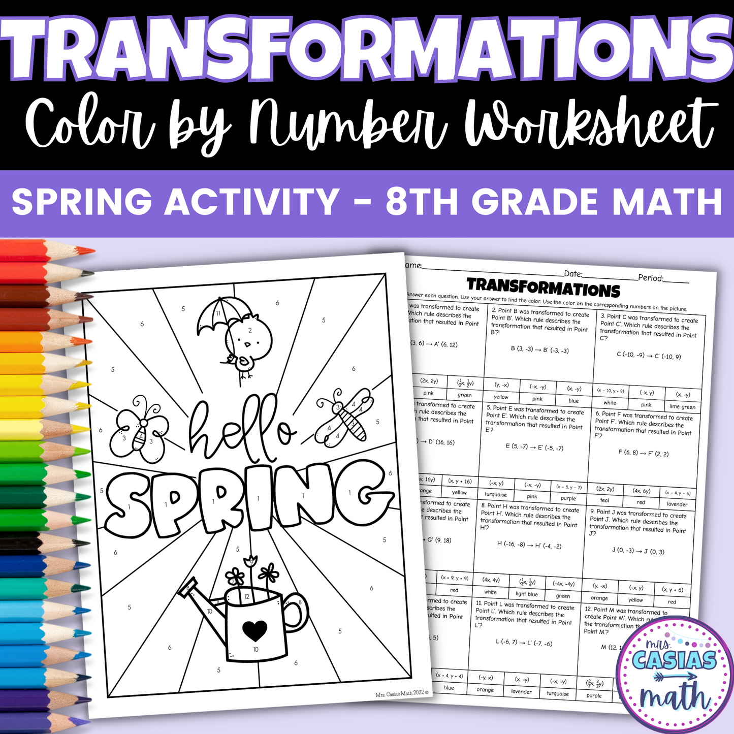 Spring Middle School Math Activity Transformations Coloring Worksheet