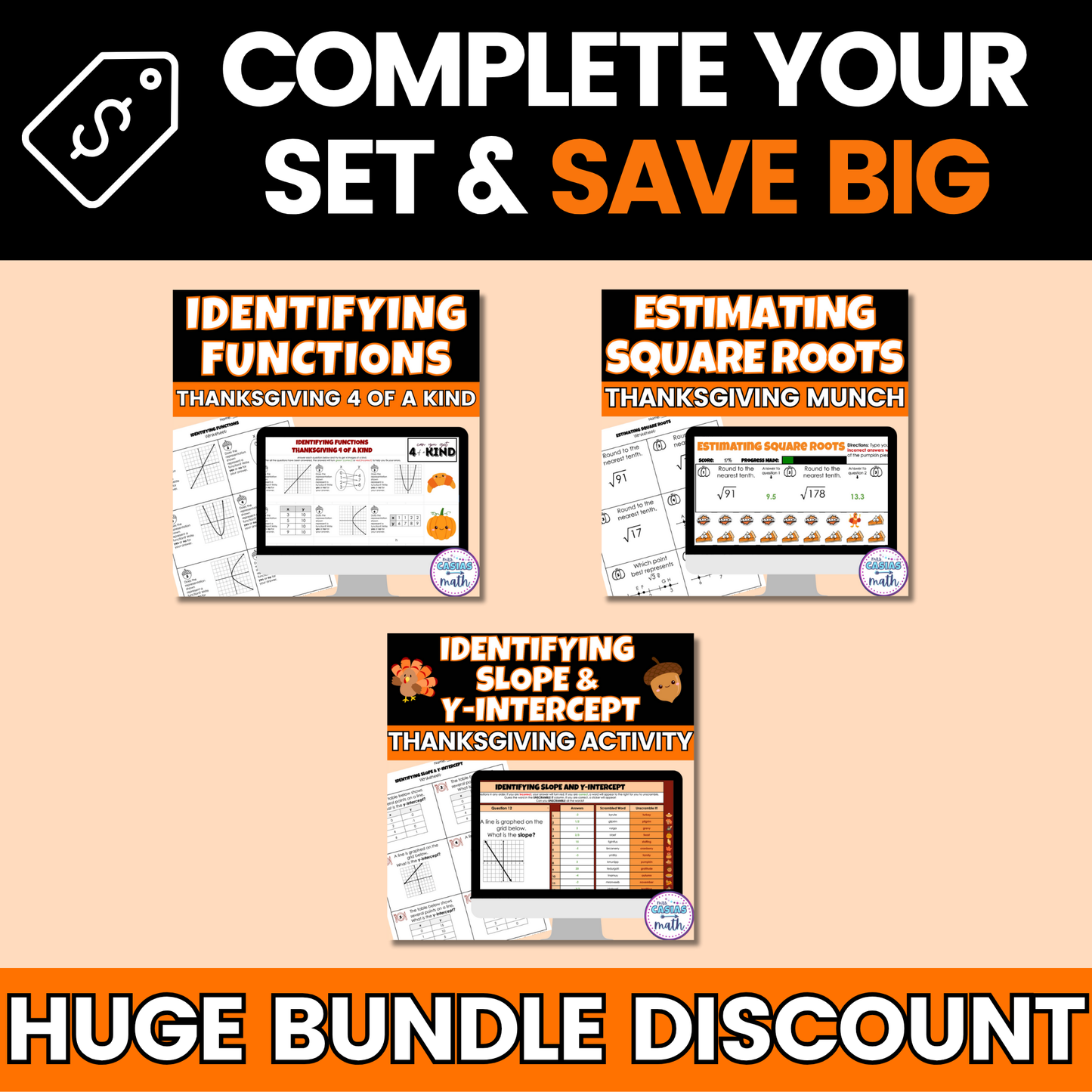 Thanksgiving Math Activities 8th Grade Google Sheets and Worksheets BUNDLE
